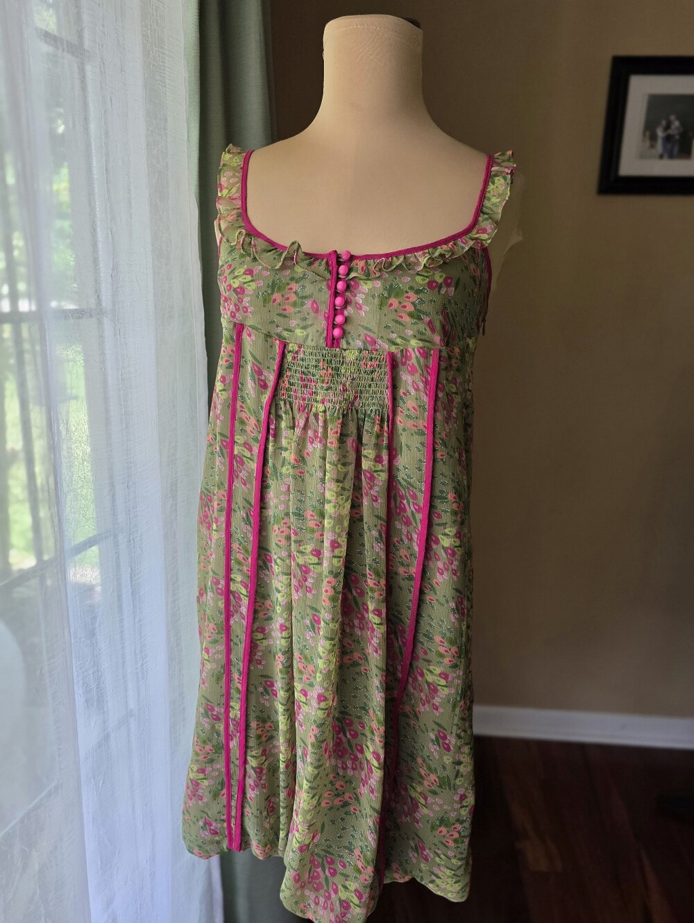 Vintage Kensie Y2K Babydoll Mini Dress Olive Pink Floral Fairycore Size Small